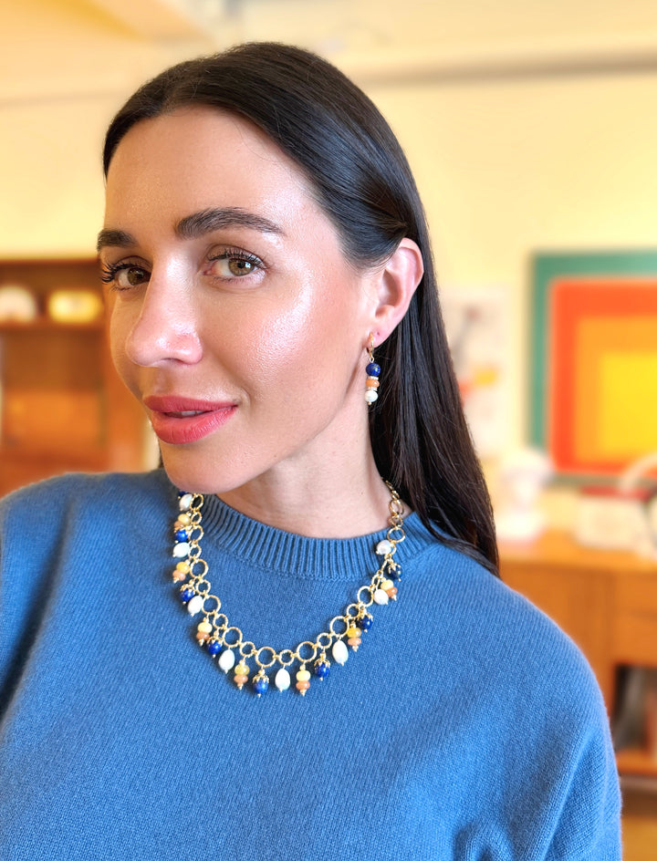 Pierced-Free Lapis Colorful Gemstone With Pearl Gold Clip-On Earrings SE011