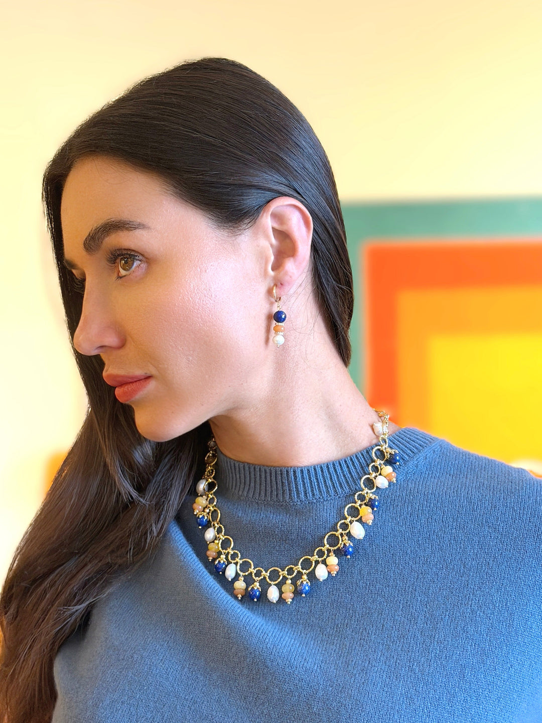 Pierced-Free Lapis Colorful Gemstone With Pearl Gold Clip-On Earrings SE011