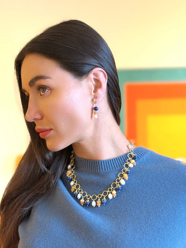 Pierced-Free Lapis Colorful Gemstone With Pearl Gold Clip-On Earrings SE011