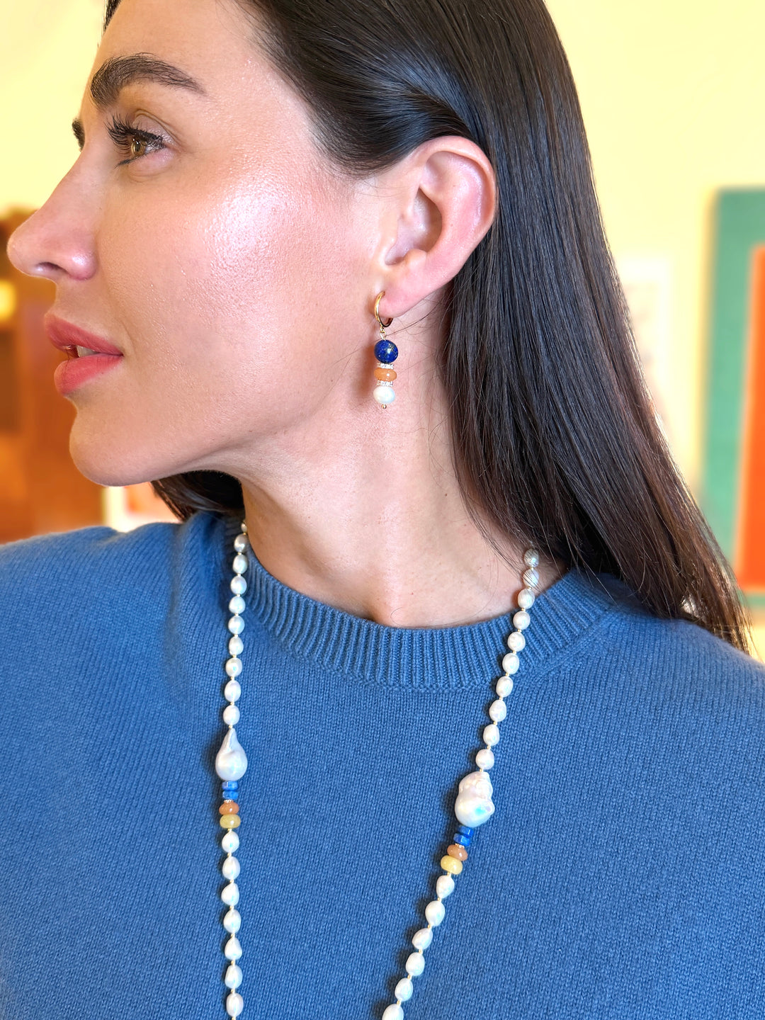 Pierced-Free Lapis Colorful Gemstone With Pearl Gold Clip-On Earrings SE011