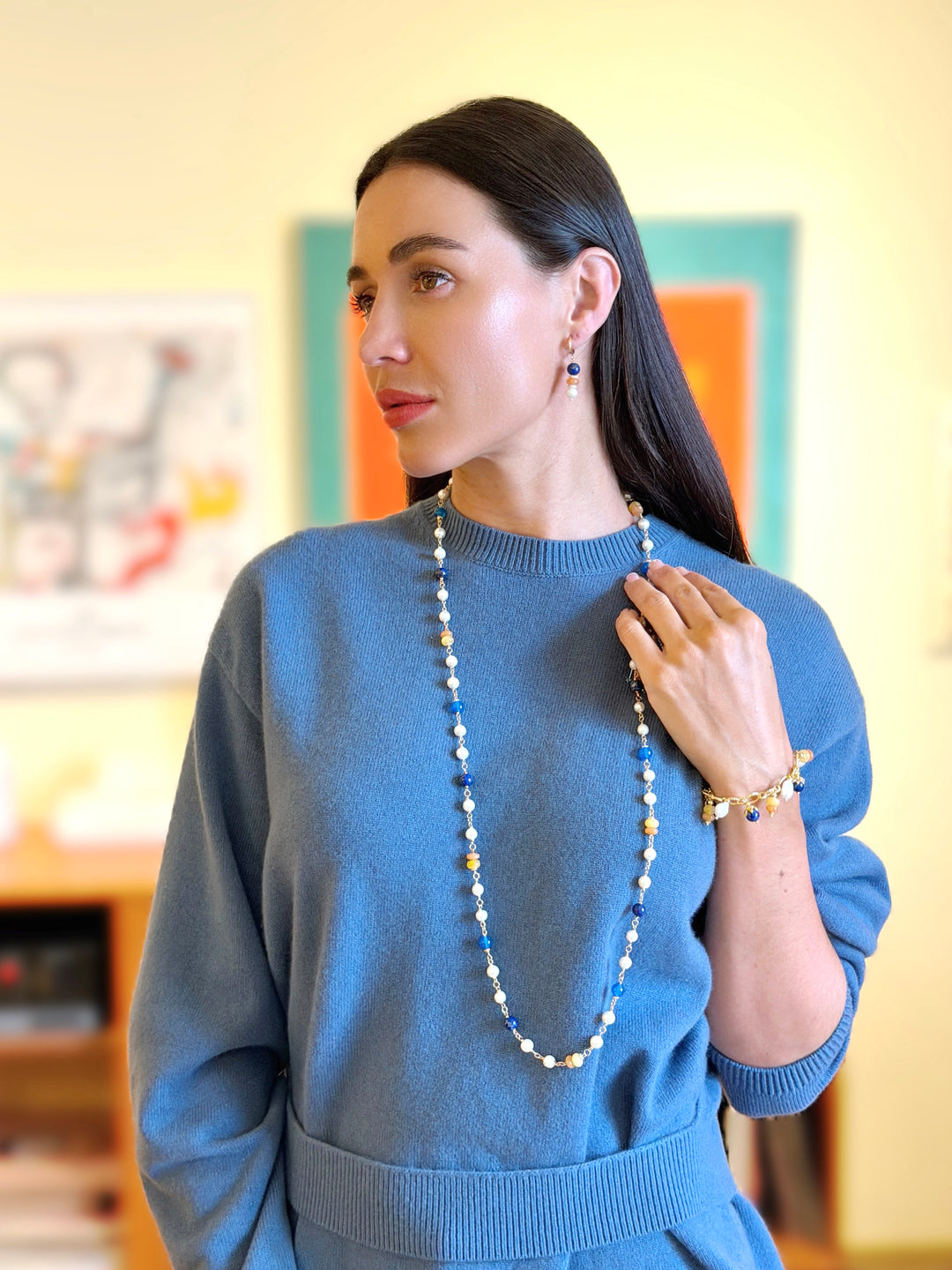 Lapis And Colorful Gemstone With Freshwater Pearl Station Long Necklace SN022