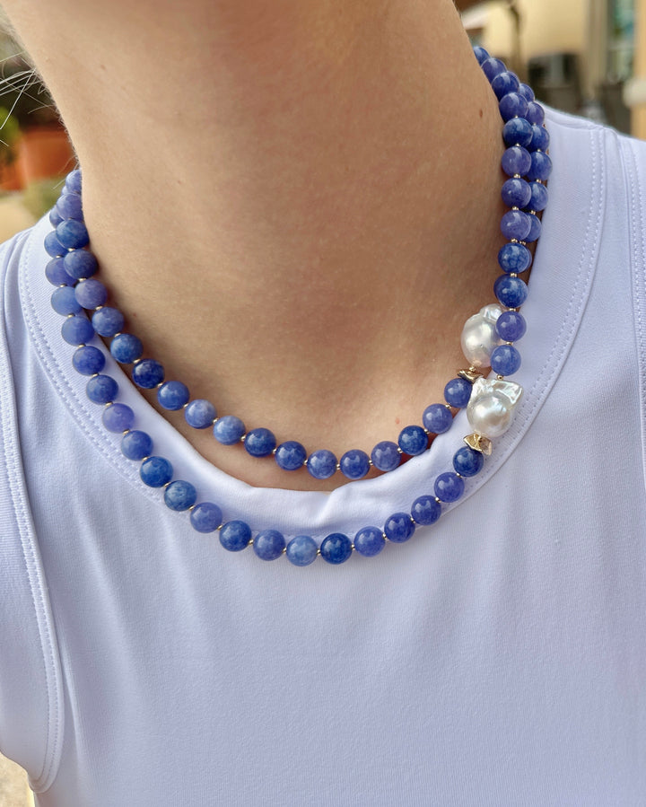 Blue Jade with Baroque Pearls Double Layers Necklace LN034 - FARRA