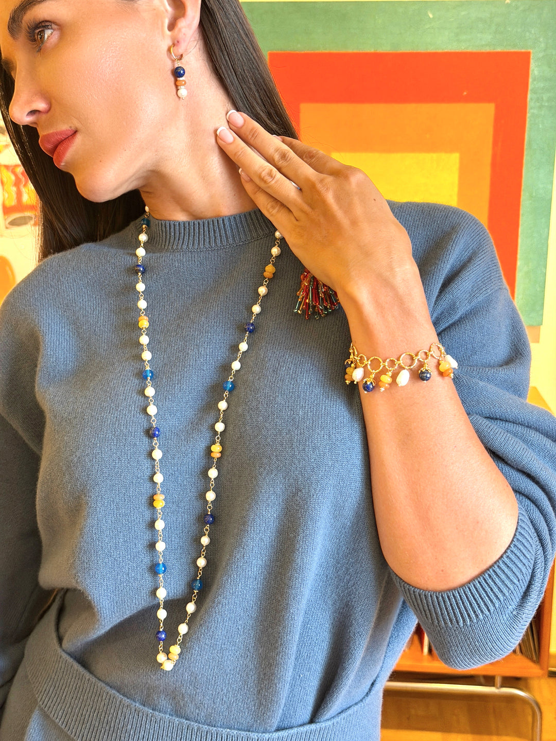 Lapis And Colorful Gemstone With Freshwater Pearl Station Long Necklace SN022