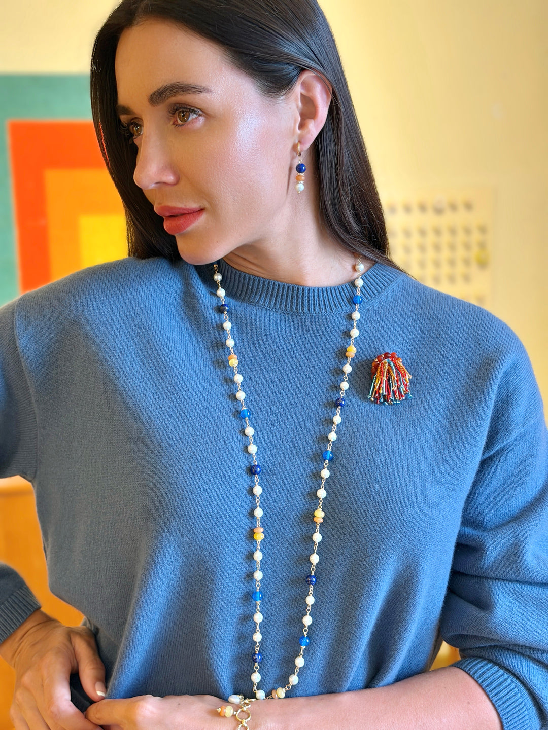 Pierced-Free Lapis Colorful Gemstone With Pearl Gold Clip-On Earrings SE011