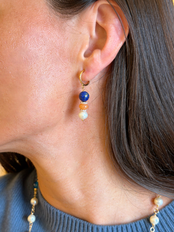 Pierced-Free Lapis Colorful Gemstone With Pearl Gold Clip-On Earrings SE011