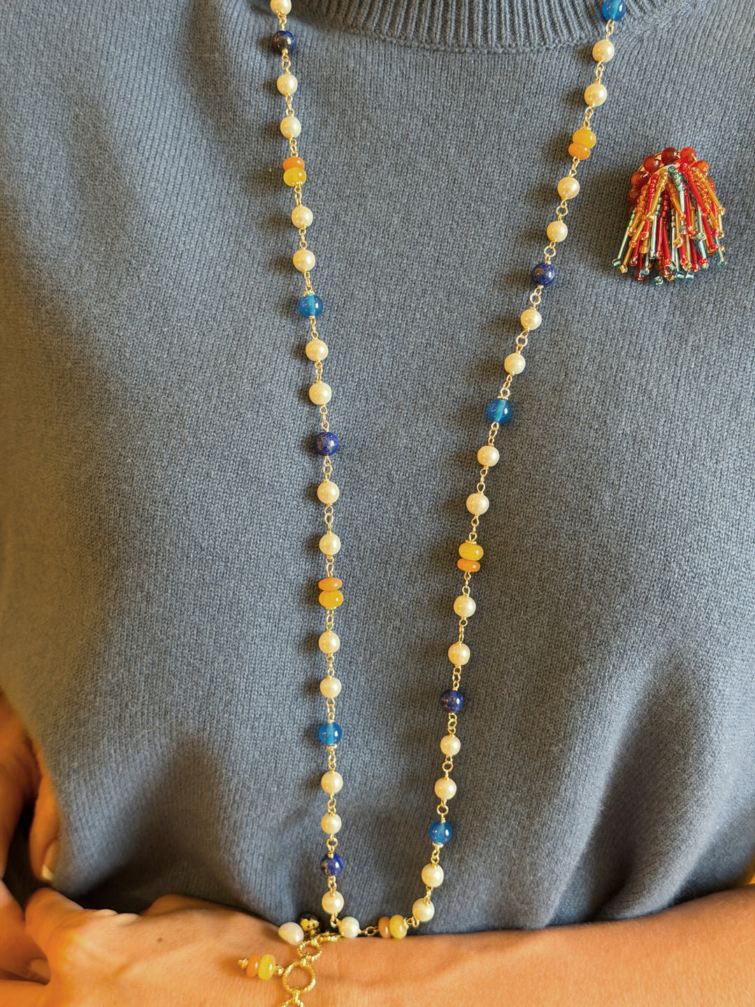 Lapis And Colorful Gemstone With Freshwater Pearl Station Long Necklace SN022