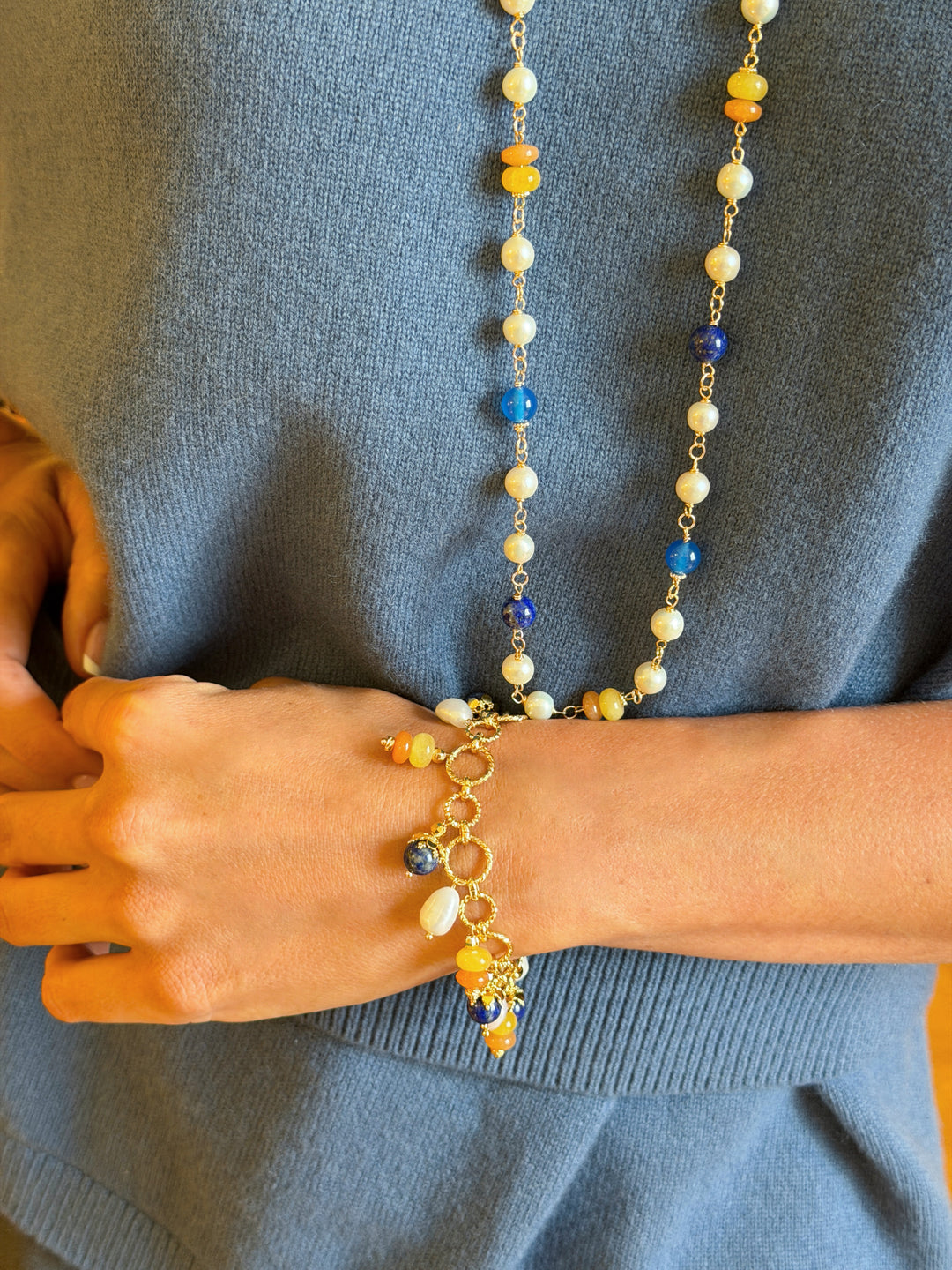 Colorful Gemstone With Freshwater Pearl Charms Bracelet SB009