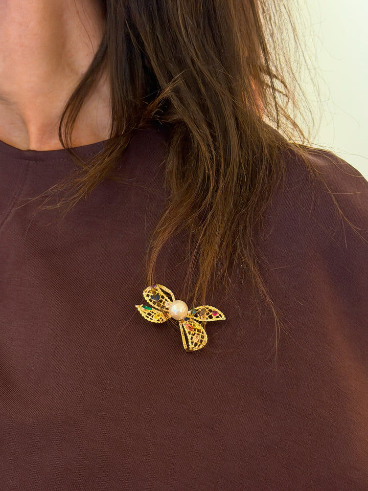 BowKnot With Colorful Zircon Stone And Freshwater Pearl Brooch SP006