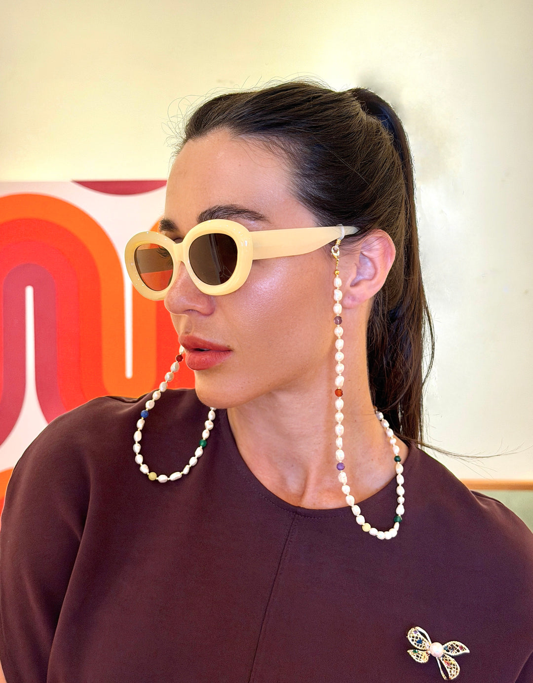 Freshwater Pearl With Colorful Gemstone Eye Glasses Chain SN042