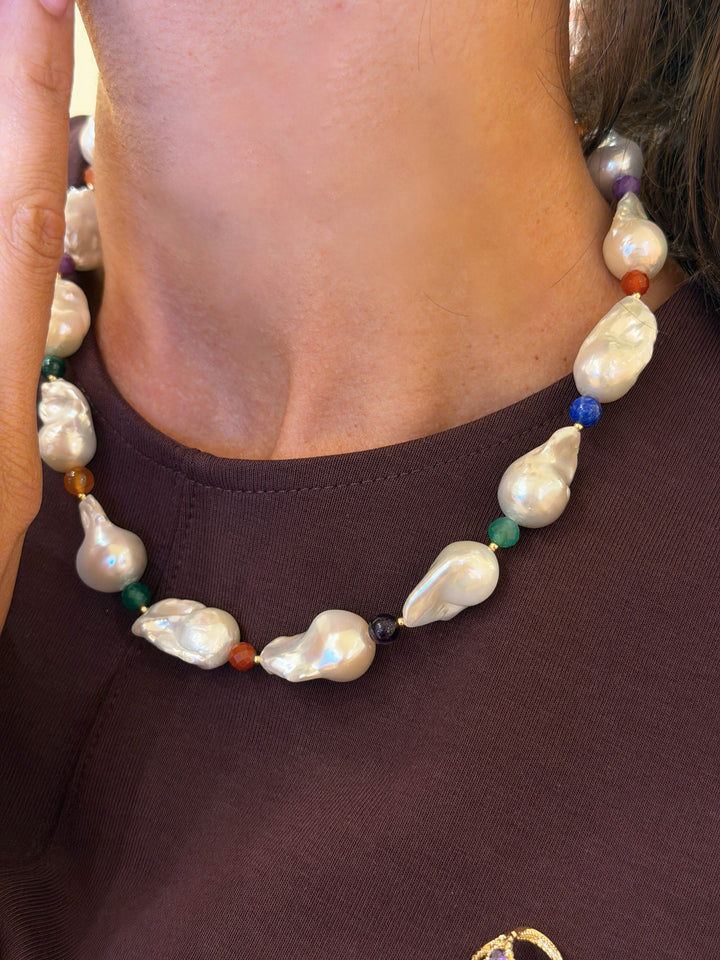 Baroque Pearls With Colorful Gemstone Necklace SN039