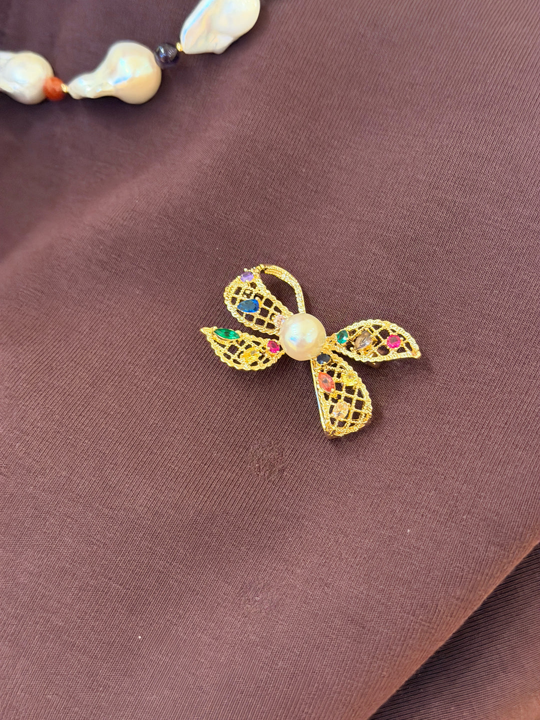 BowKnot With Colorful Zircon Stone And Freshwater Pearl Brooch SP006