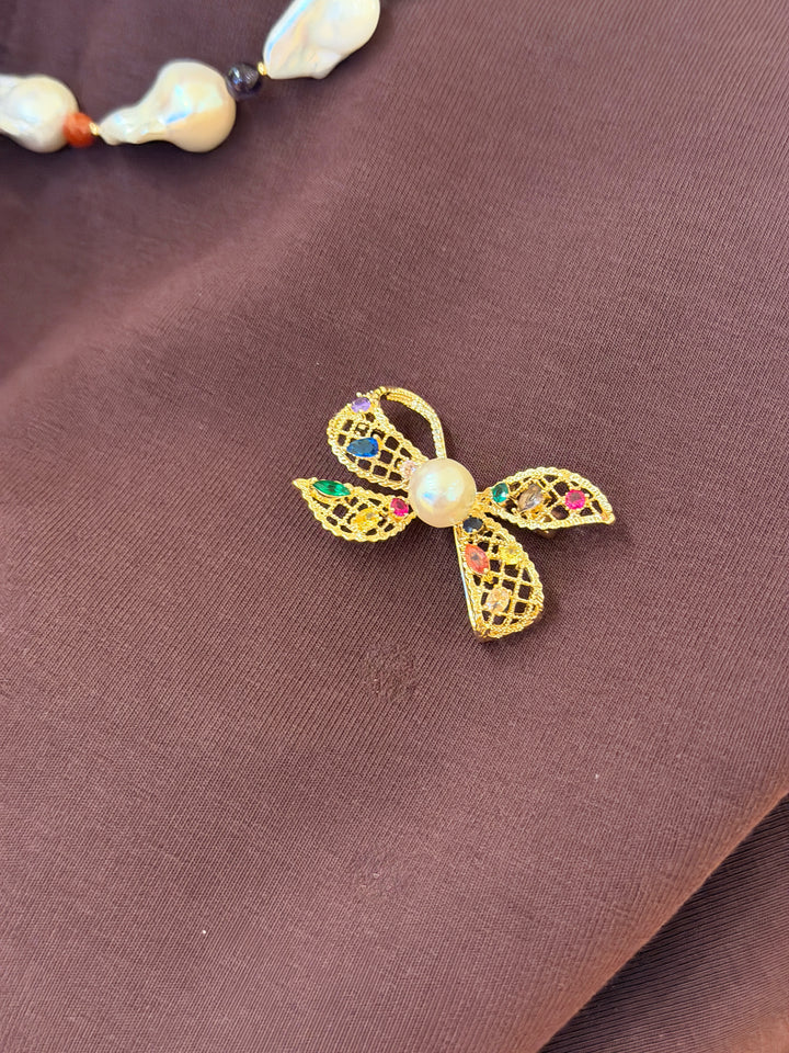 BowKnot With Colorful Zircon Stone And Freshwater Pearl Brooch SP006