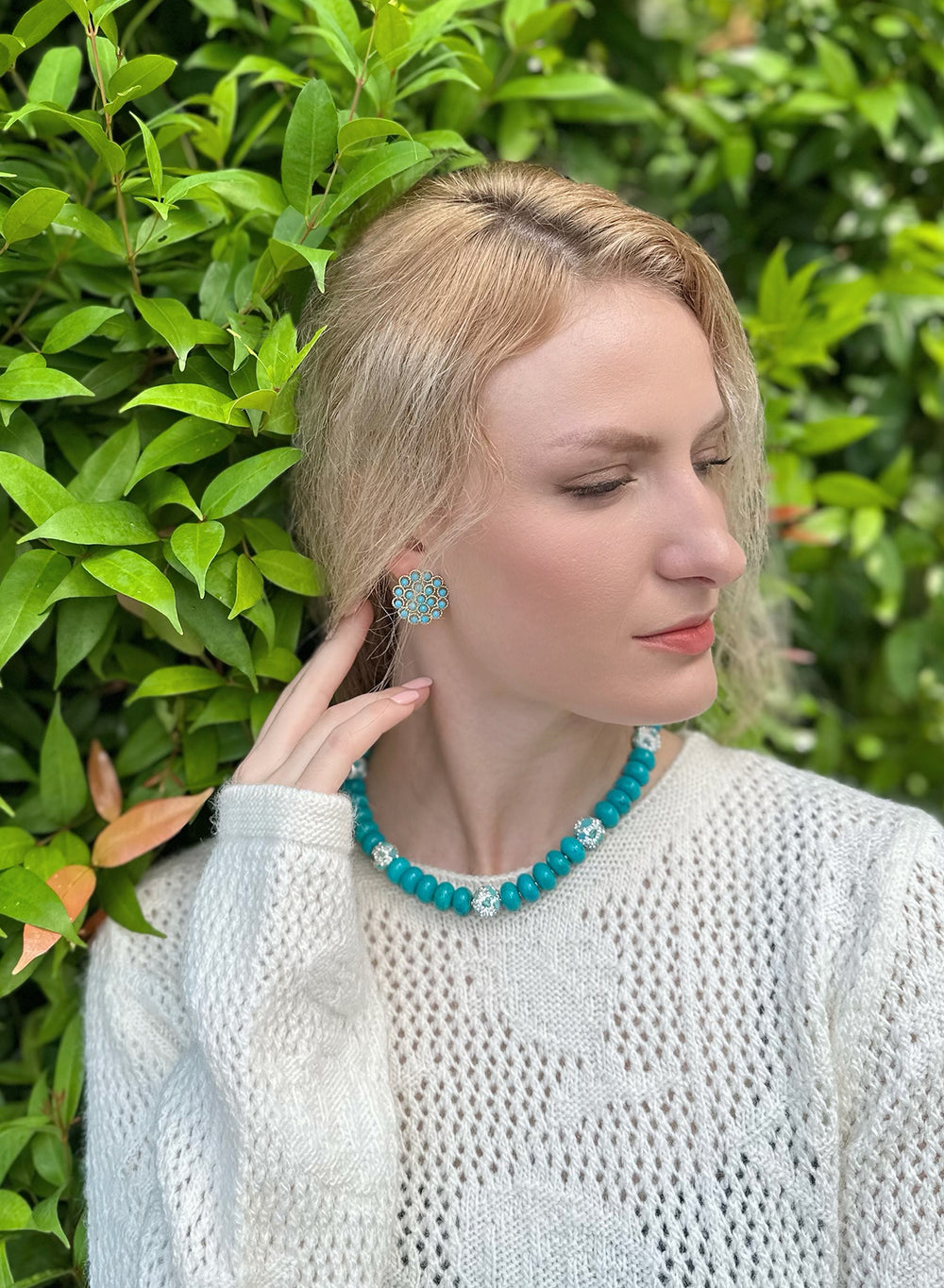 Turquoise With Rhinestones Statement Necklace KN014 - FARRA