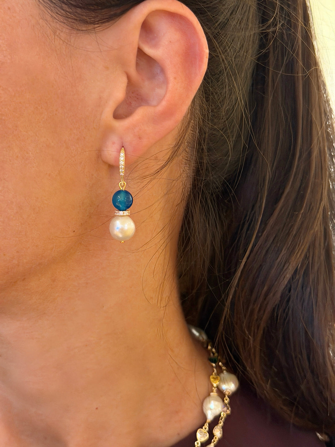 Purple Amethyst And Blue Agate With Freshwater Pearl Dangle Earrings SE023