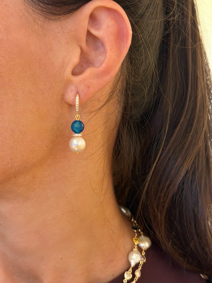 Purple Amethyst And Blue Agate With Freshwater Pearl Dangle Earrings SE023