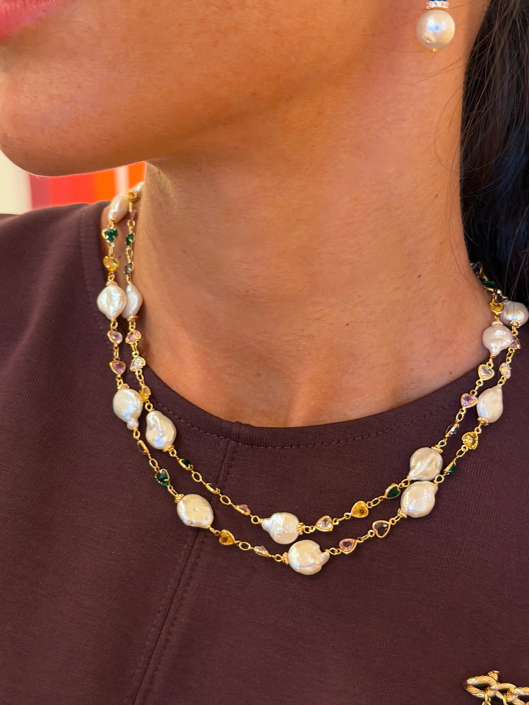 Colorful Zircon Chain With Baroque Pearl Double Layers Necklace SN041