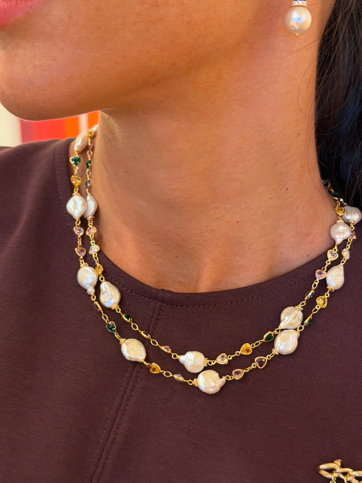 Colorful Zircon Chain With Baroque Pearl Double Layers Necklace SN041