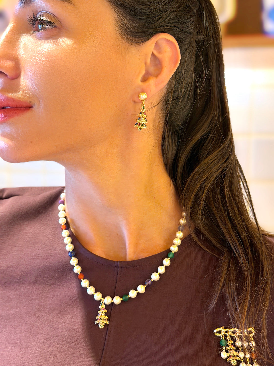 Freshwater Pearl And Colorful Gemstone With Christmas Tree Pendant Necklace SN040