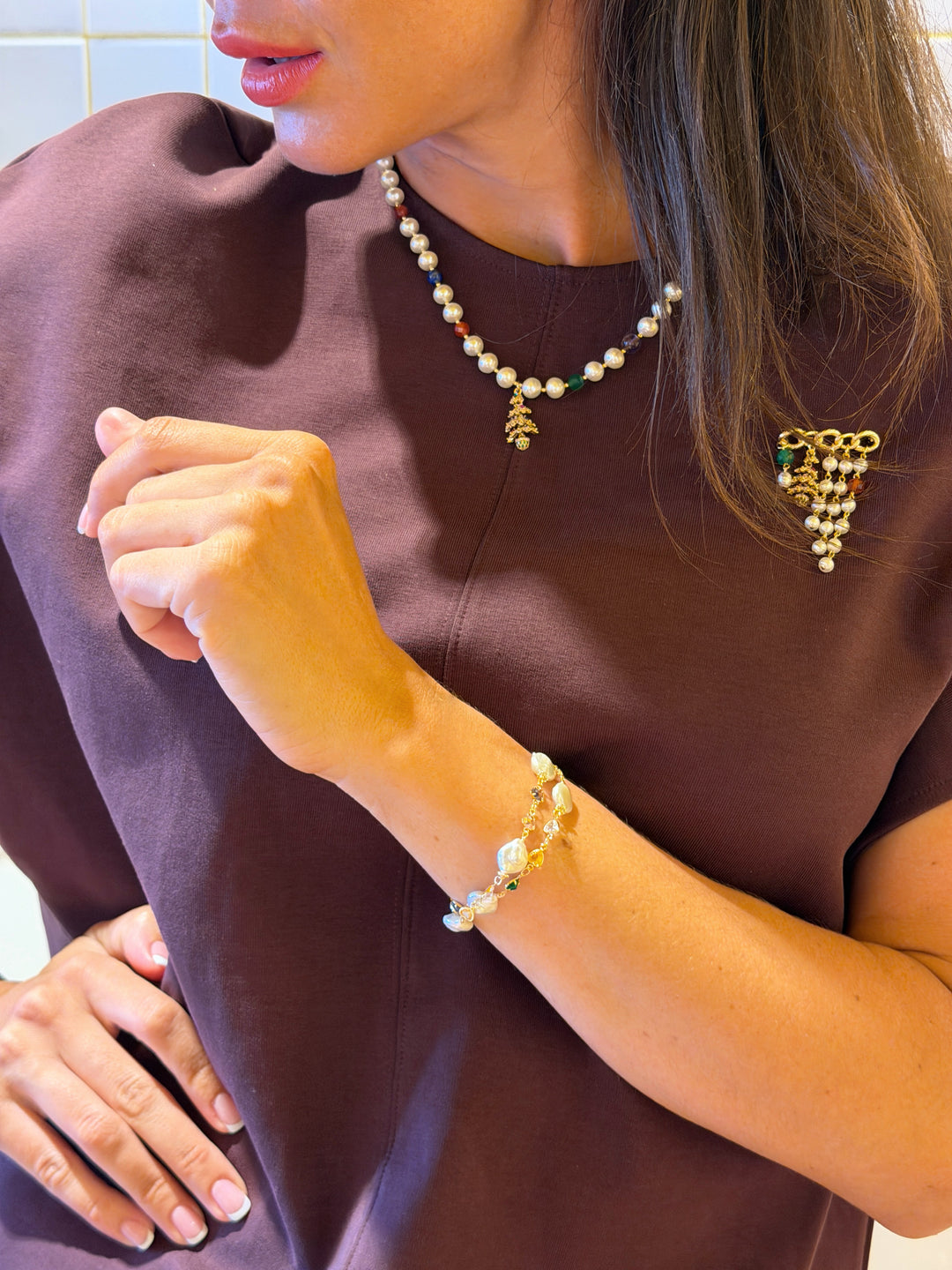 Colorful Zircon With Irregular Flat Baroque Pearls Double Layers Bracelet SB021