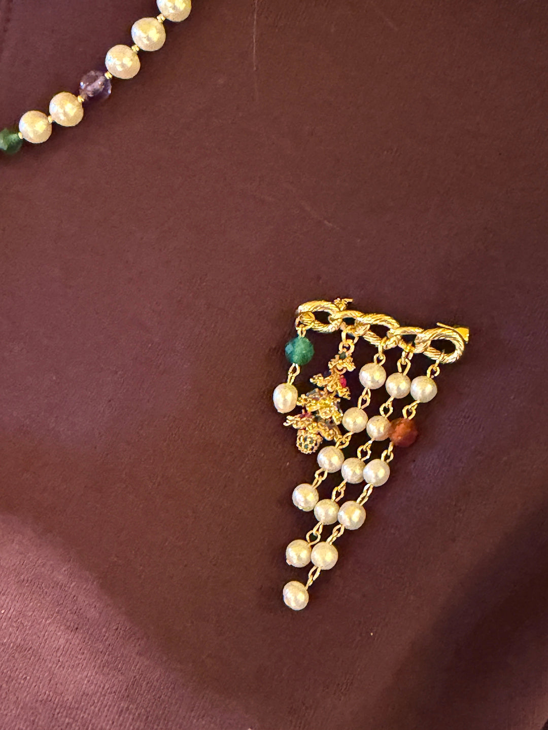 Freshwater Pearl With Green Red Agate And Christmas Tree Tassel Brooch SP008