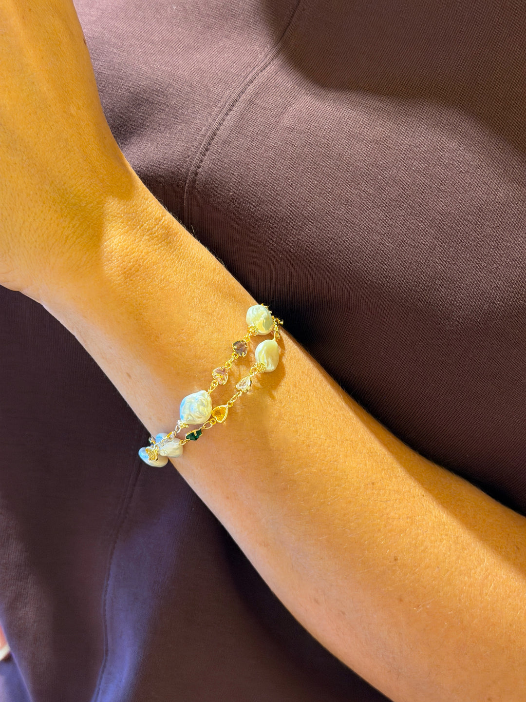 Colorful Zircon With Irregular Flat Baroque Pearls Double Layers Bracelet SB021