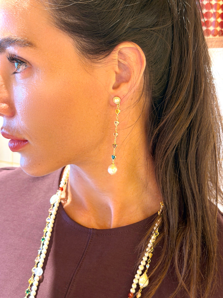 Colorful Heart Zircon With Freshwater Pearl Drops Stud Earrings SE021