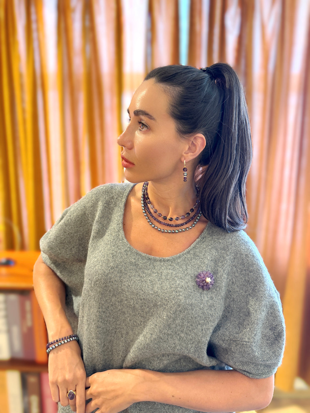 Elegant Amethyst With Purple Pearl Multi-Layers Necklace SN014