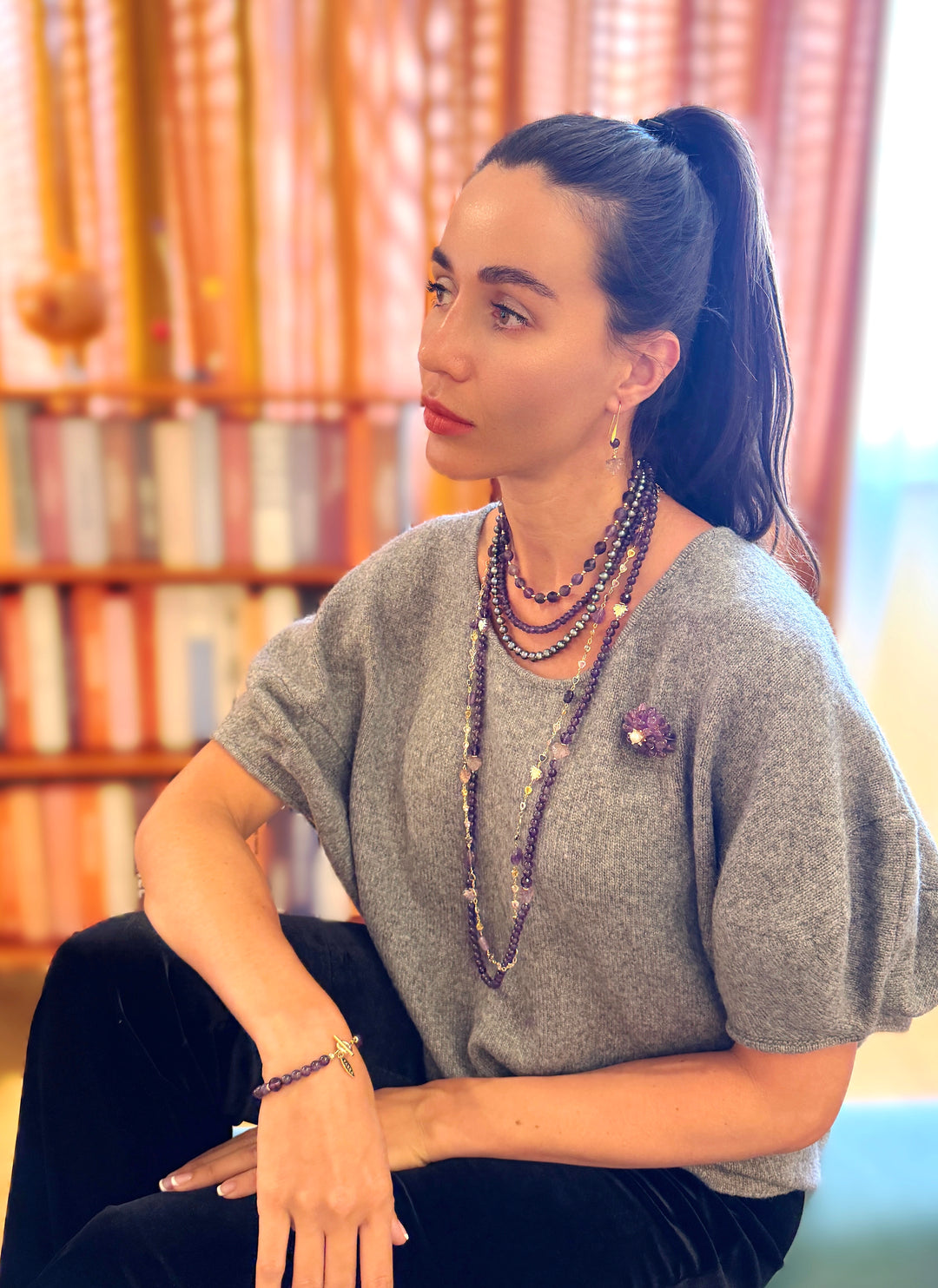 Colorful Zircon Chain With Amethyst Station Long Necklace SN010