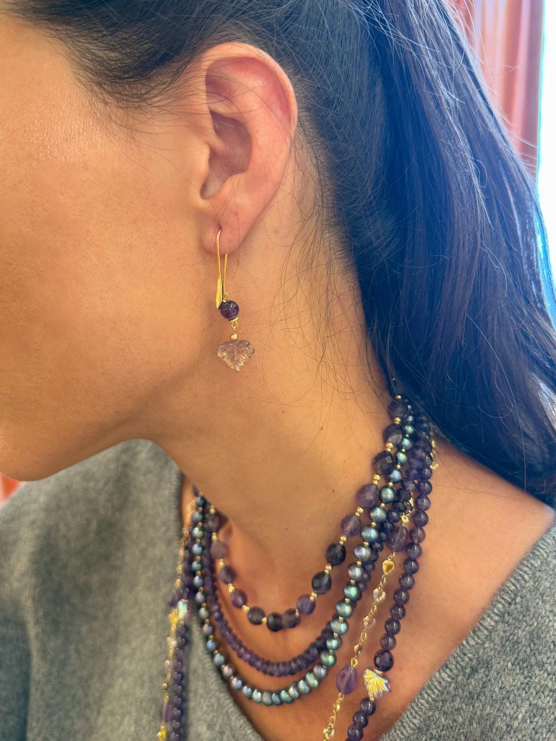 Amethyst With Leaves Charm Drop earrings SE005