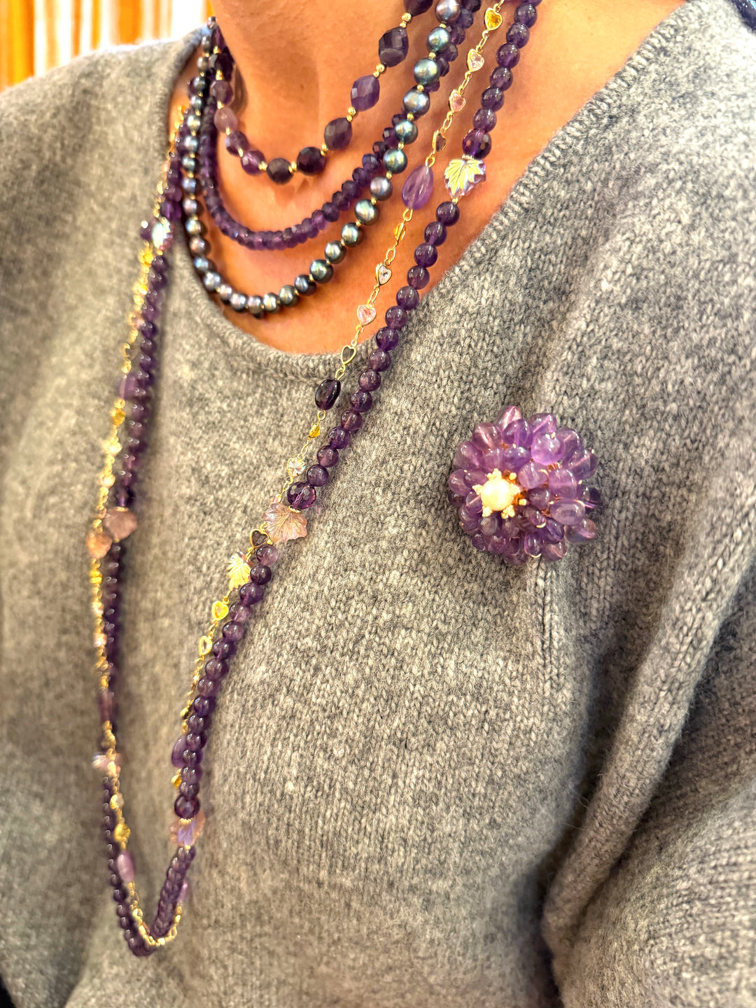 Flower Shaped Amethyst With Freshwater Pearl Brooch SP004