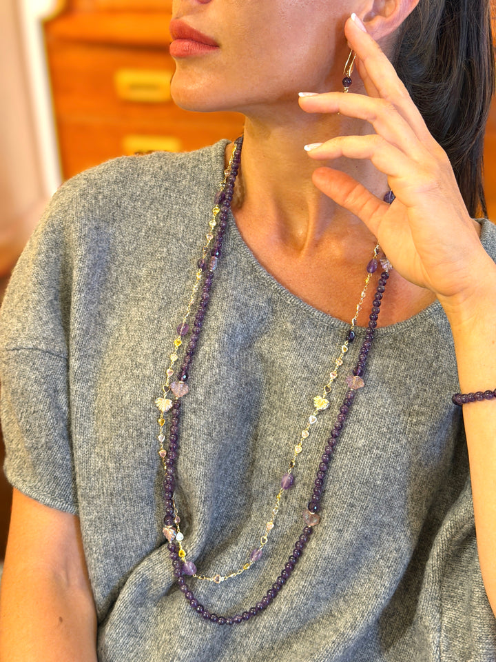 Colorful Zircon Chain With Amethyst Station Long Necklace SN010