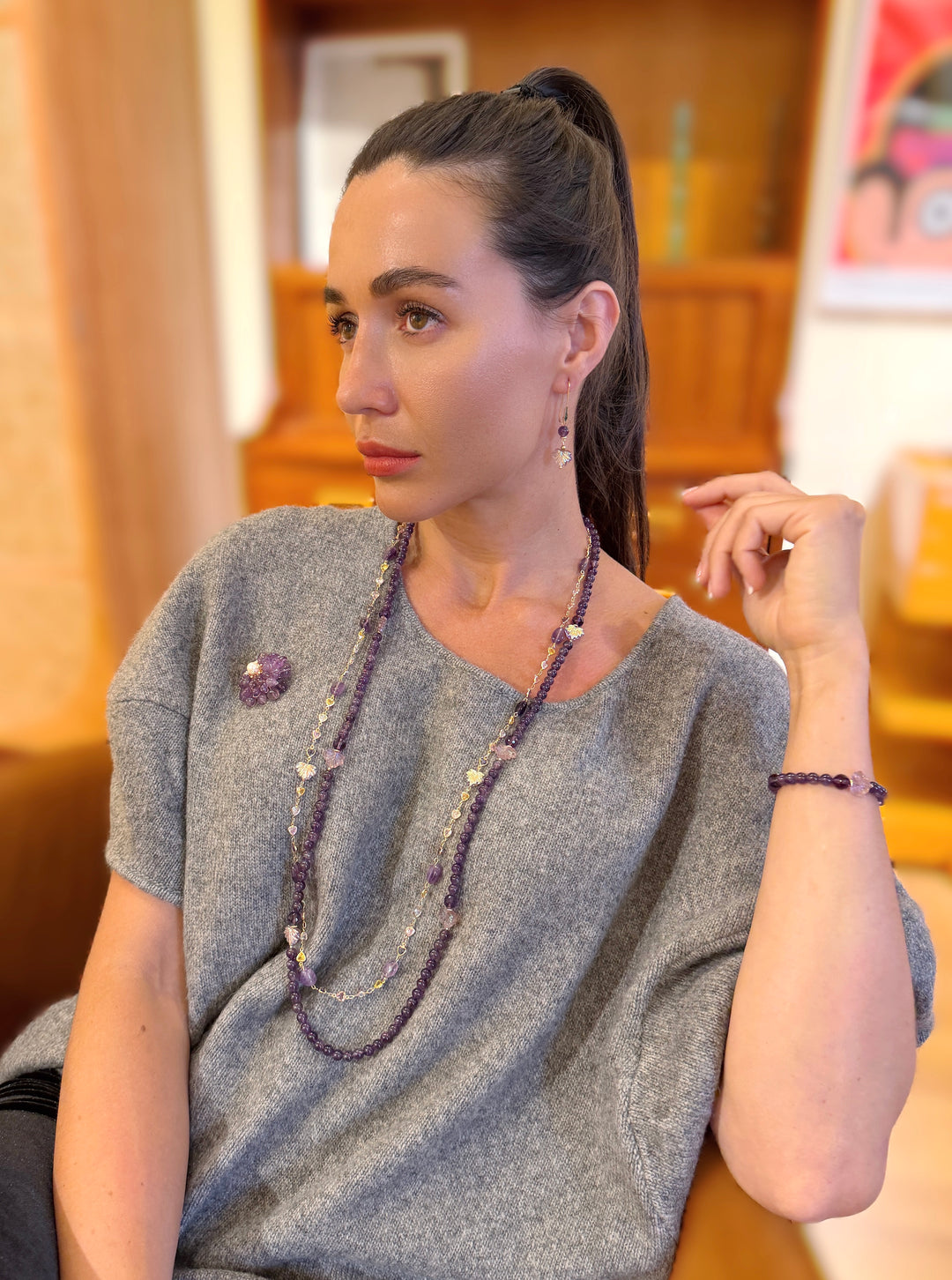 Amethyst Starnd With Leaves Long Necklace SN011
