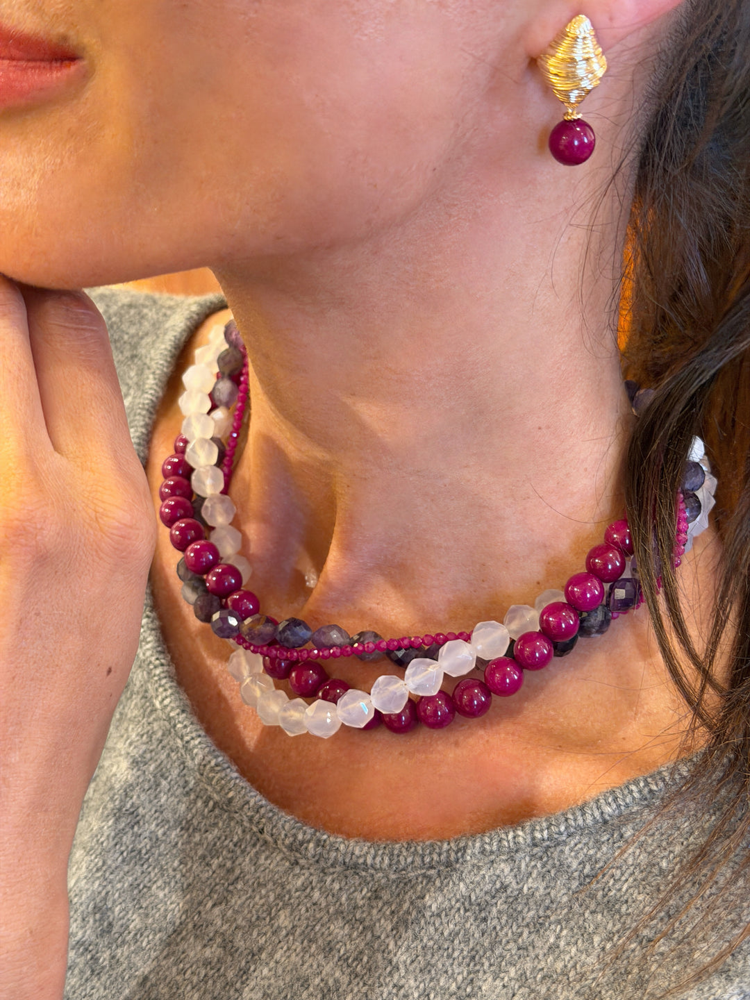 Purple Gemstone Multi-layers Chunky Necklace SN012