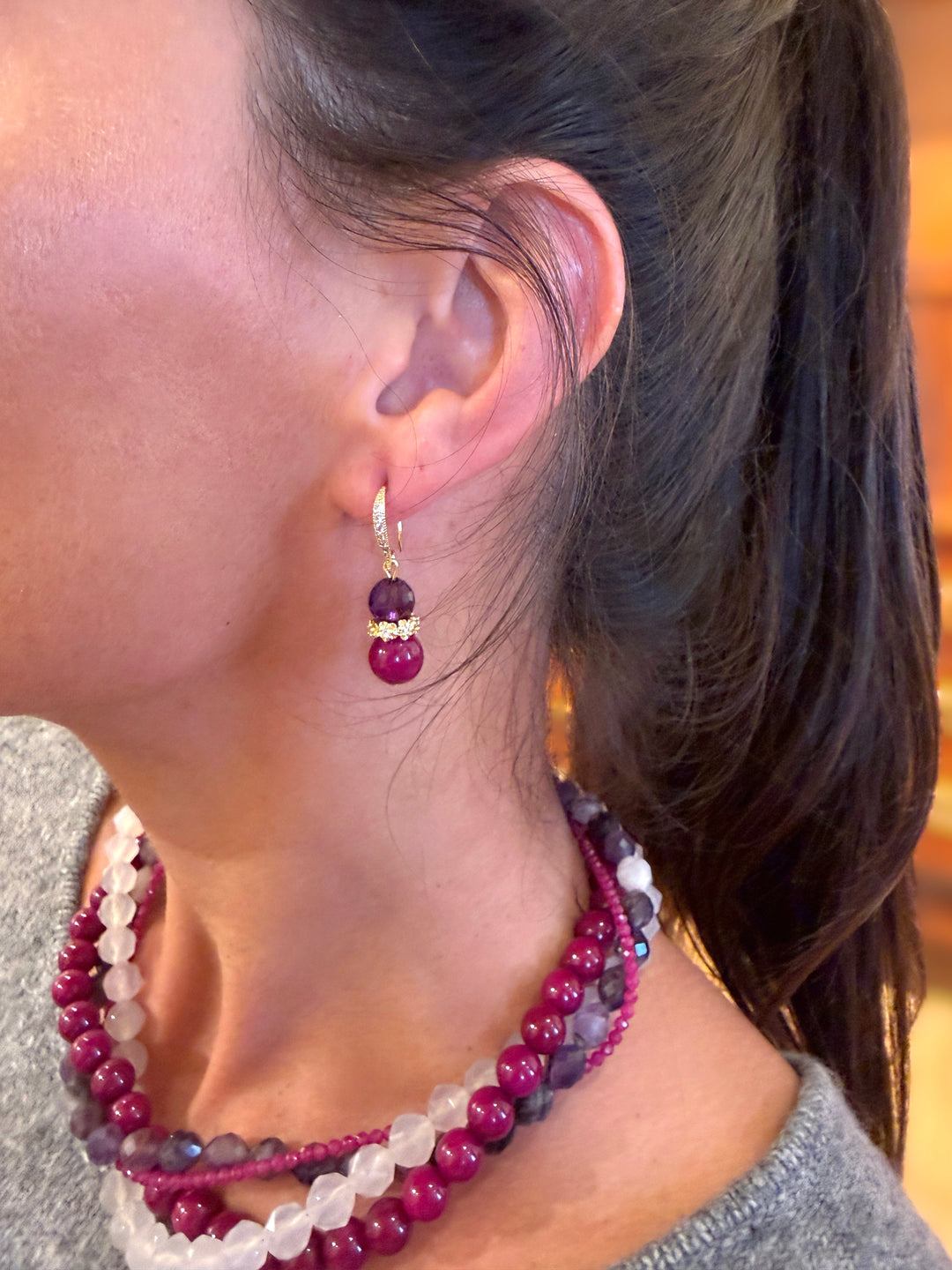 Purple Tone Sugilite With Amethyst Dangle Earrings SE006