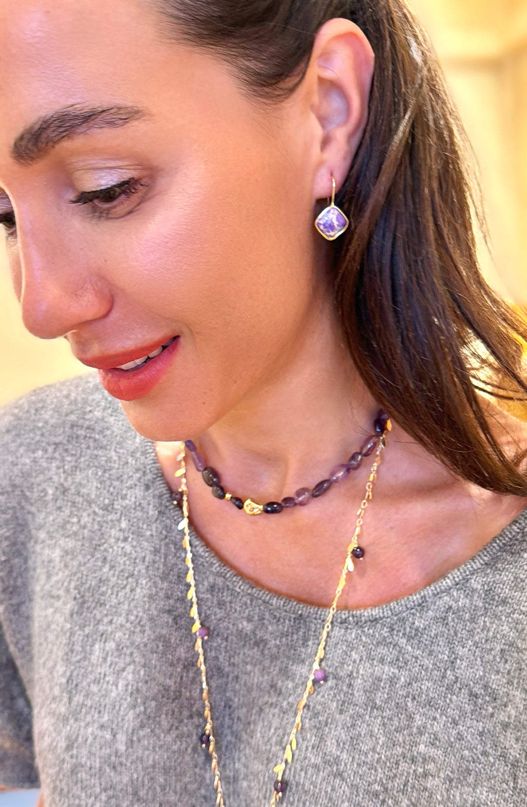 Leaves Chain With Amethyst Pendant Long Necklace SN015