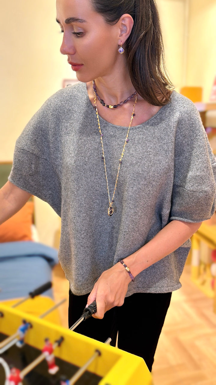 Leaves Chain With Amethyst Pendant Long Necklace SN015