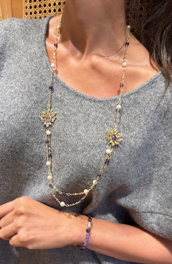 Amethyst And Freshwater Pearl With Flower Pendants Station Necklace SN013
