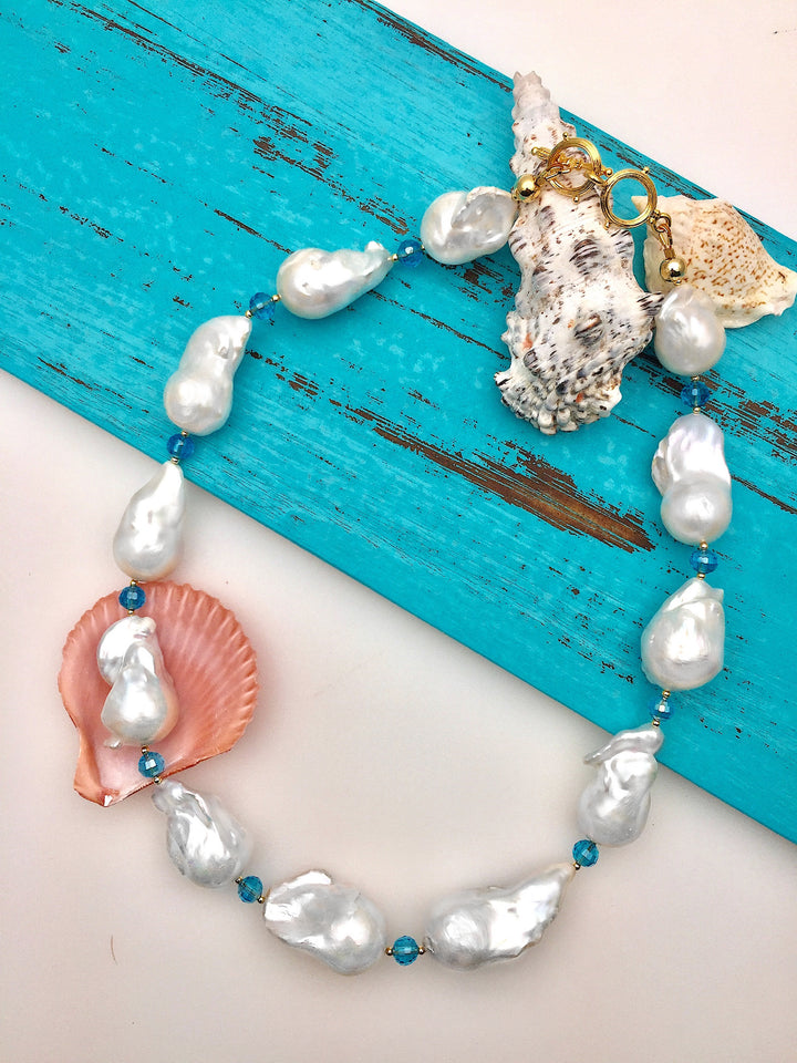 Baroque Pearls with Blue Crystals Necklace DN224 - FARRA