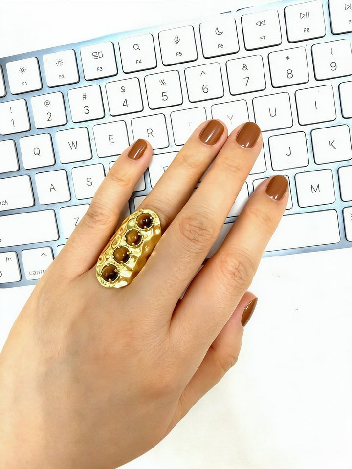 Tiger-eye Stone Chunky Statement Gold Ring SR002