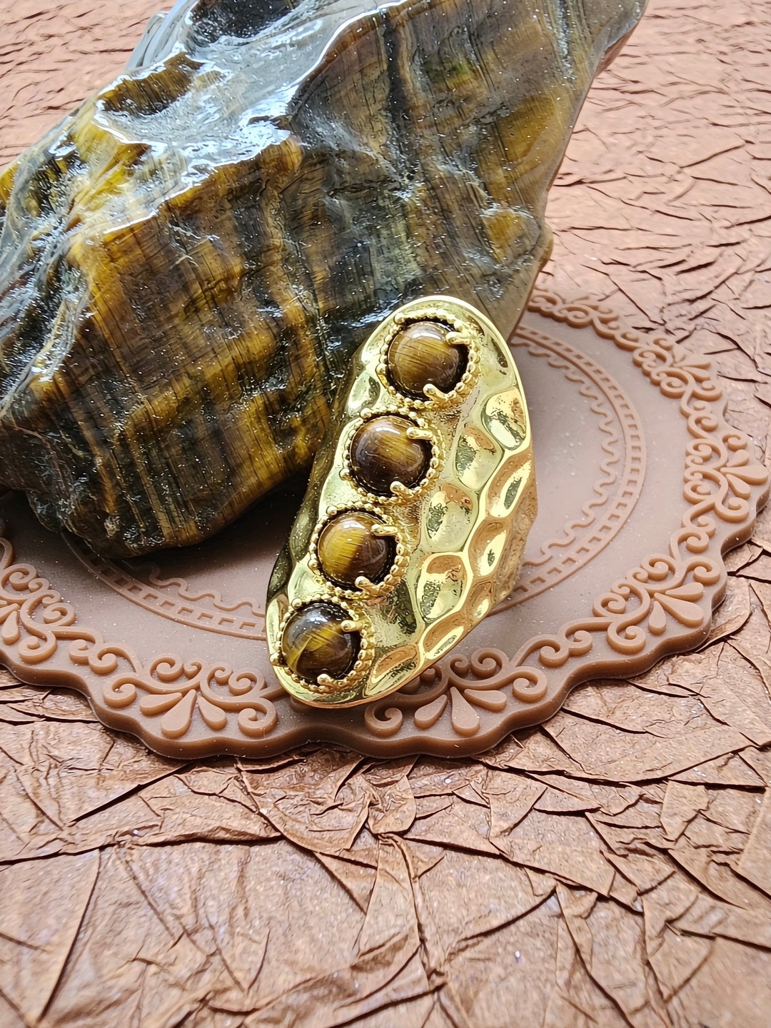 Tiger-eye Stone Chunky Statement Gold Ring SR002