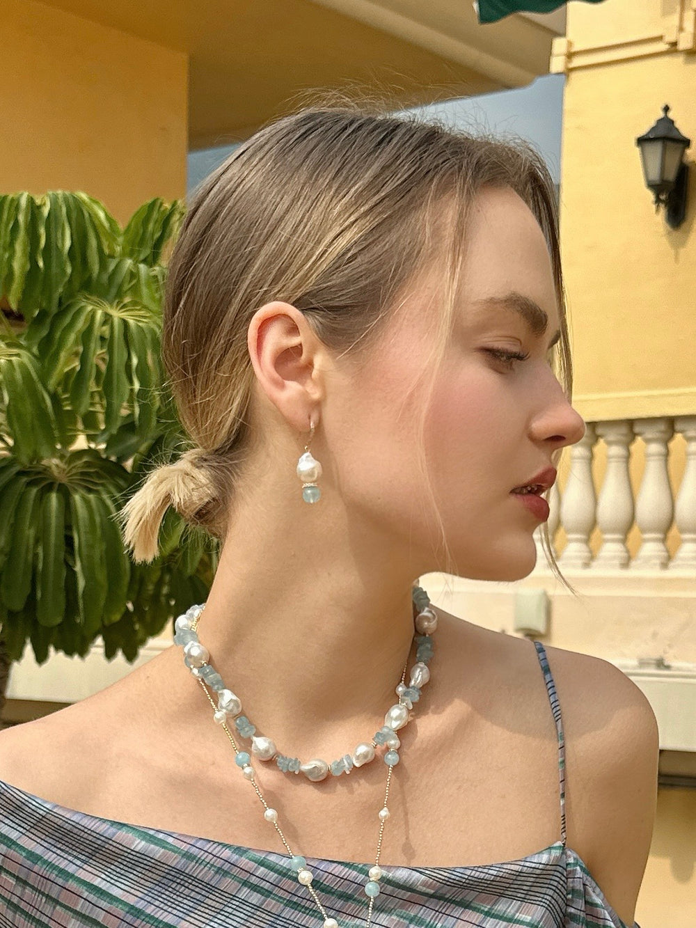 Natural Baroque Pearls with Blue Aquamarine Earrings LE019 - FARRA