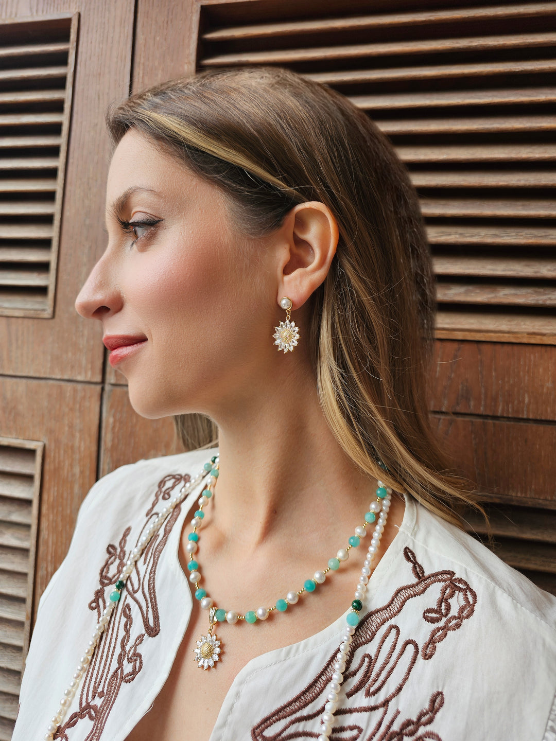 Freshwater Pearl & Green Amazonite Daisy Pendant Necklace RN004