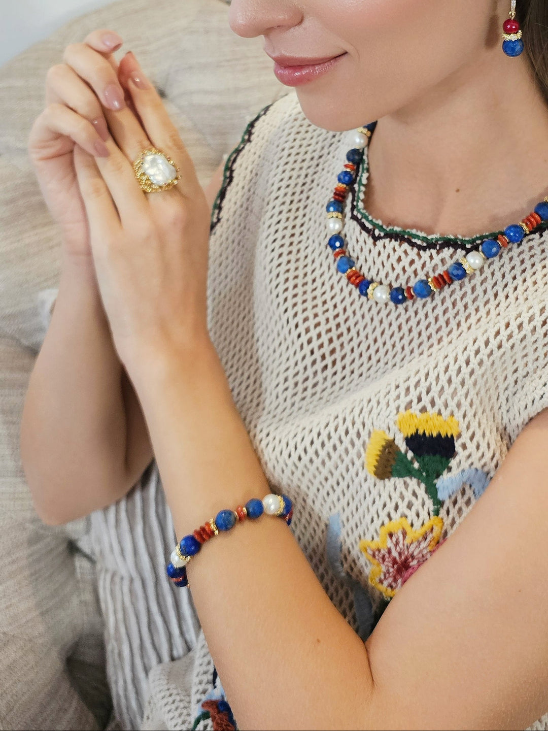 Lapis Red Bamboo Coral And Pearl Adjustable Slider Bracelet RB016