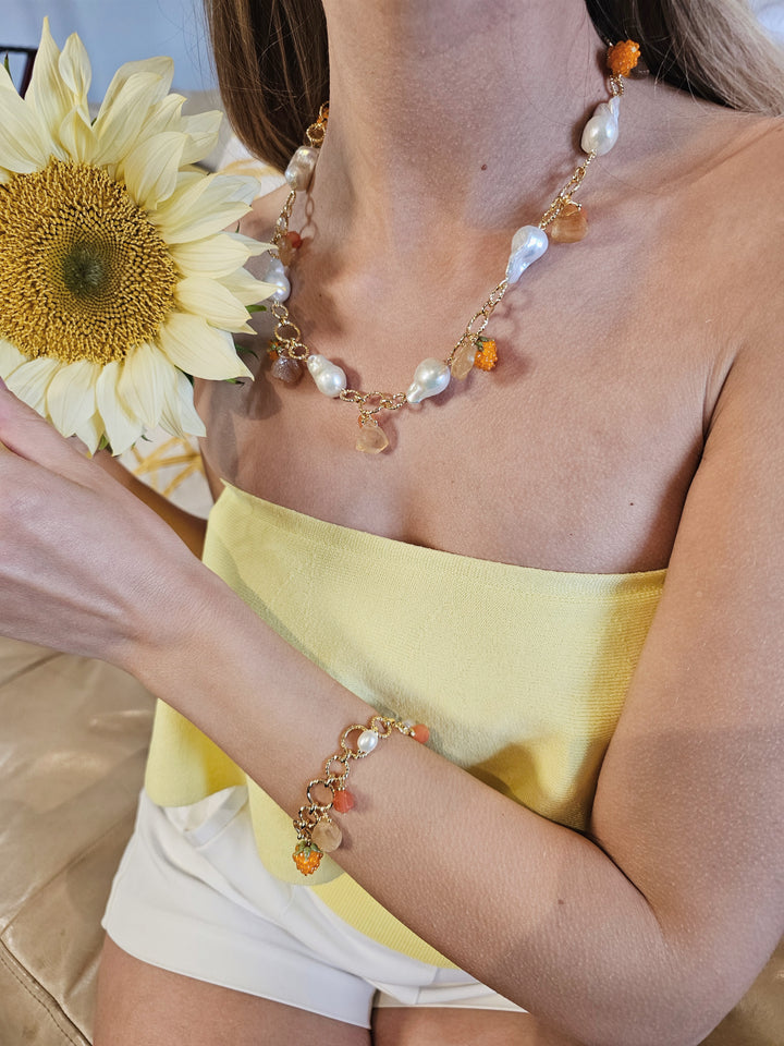 Spring Garden Raspberry and Citrine Pearl Chain Bracelet RB006