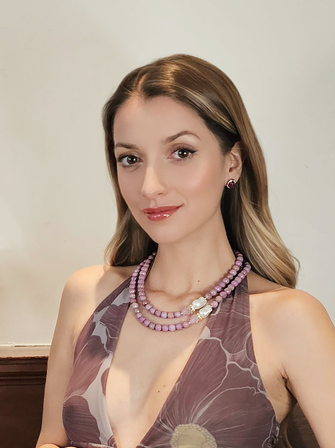 Pink Sugilite With Baroque Pearls And Raspberry Double Layers Necklace RN020