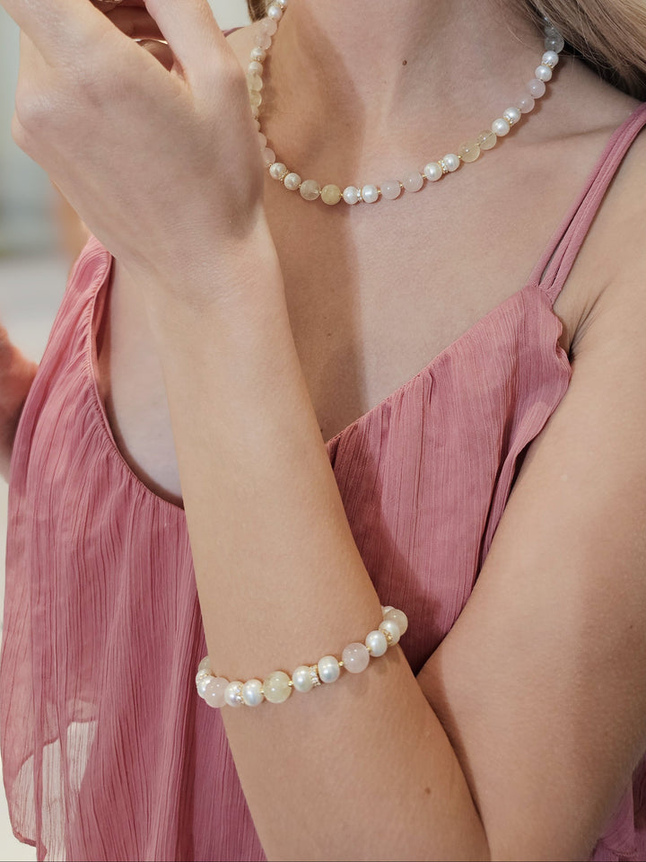 Macaron Pink Rose Quartz Yellow Citrine & Pearls Bracelet RB009
