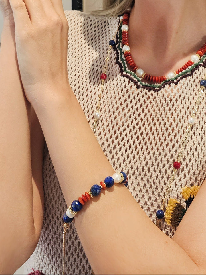 Lapis Red Bamboo Coral And Pearl Adjustable Slider Bracelet RB016