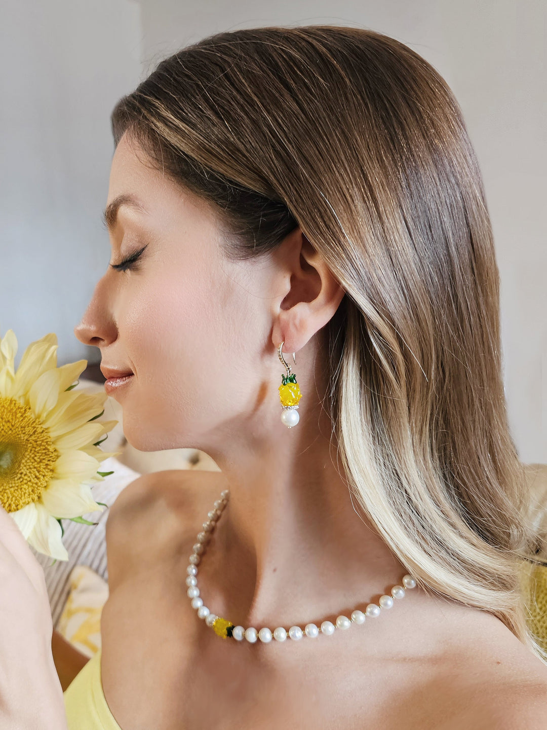 Fruity Yellow Pineapple With Freshwater Pearls Dangle Earrings RE007