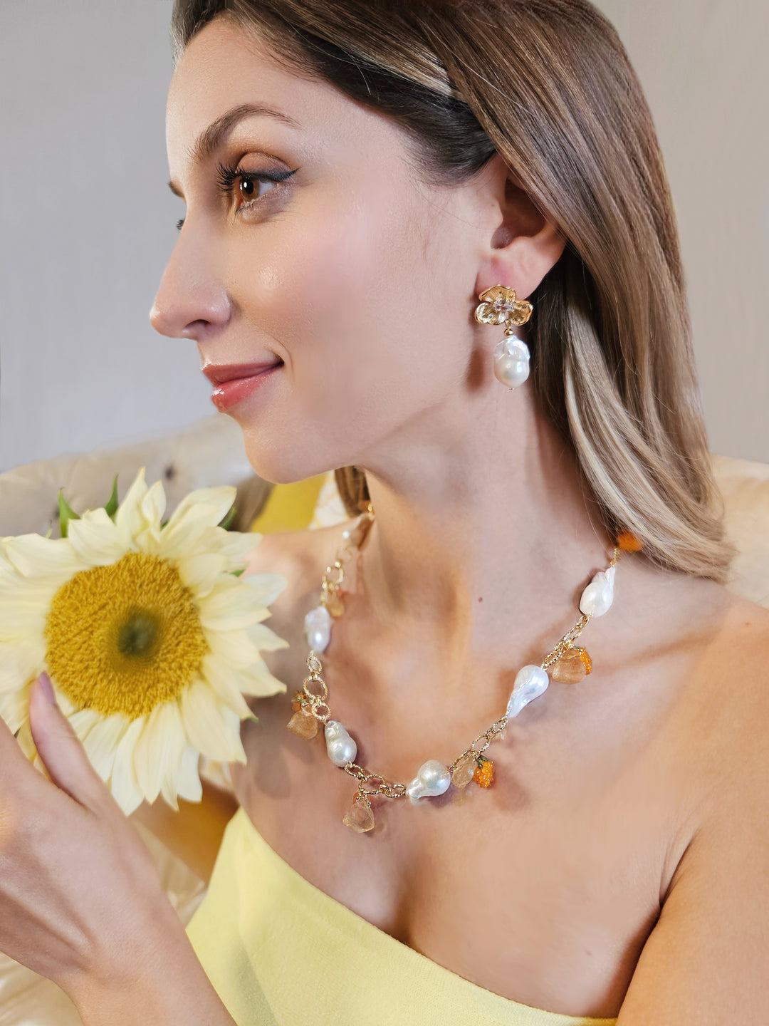 Spring Garden Baroque Pearl Necklace with Orange Raspberry & Citrine RN010