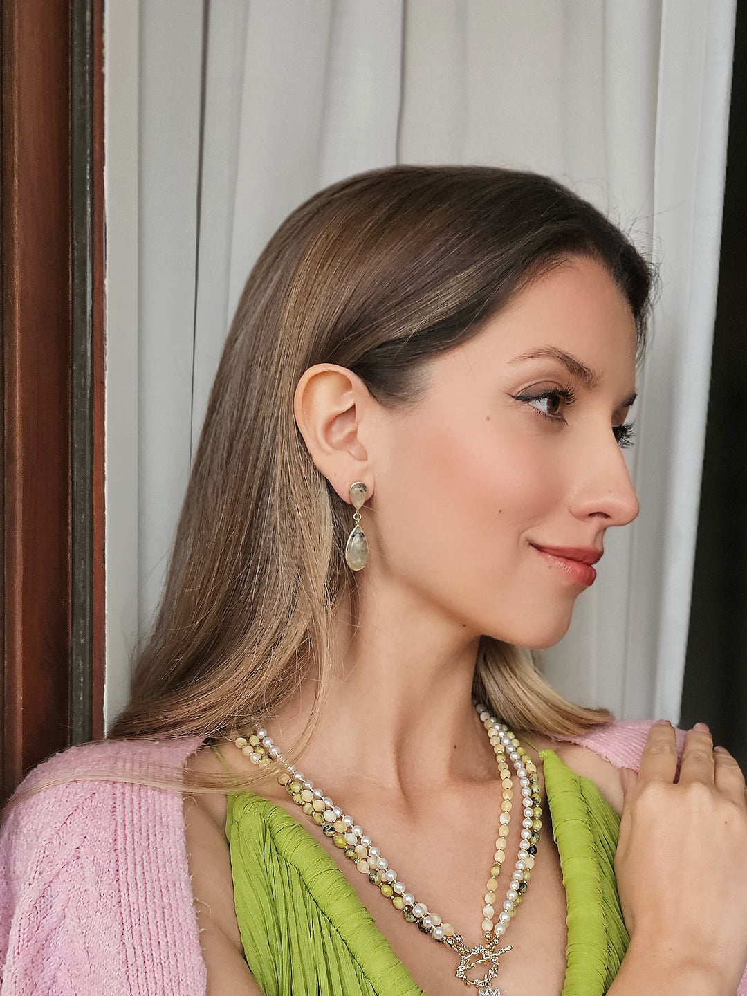 Teardrop Prehnite Drop Earrings RE011